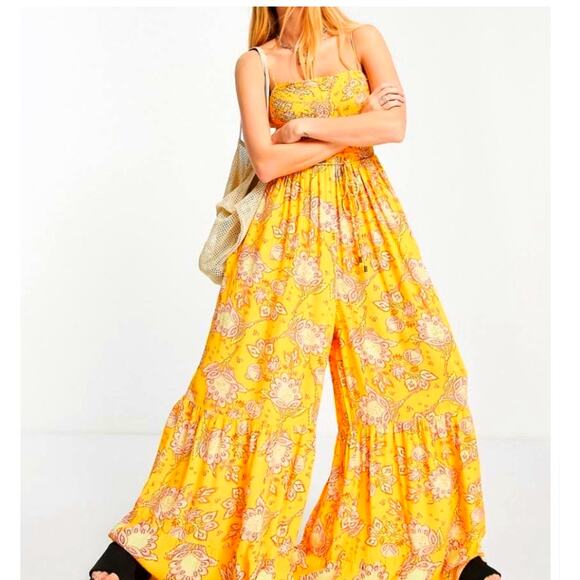 FREE PEOPLE Jumpsuit MD Little of Your Love Marigold Boho Wide Leg Smocked Chest - Picture 3 of 16